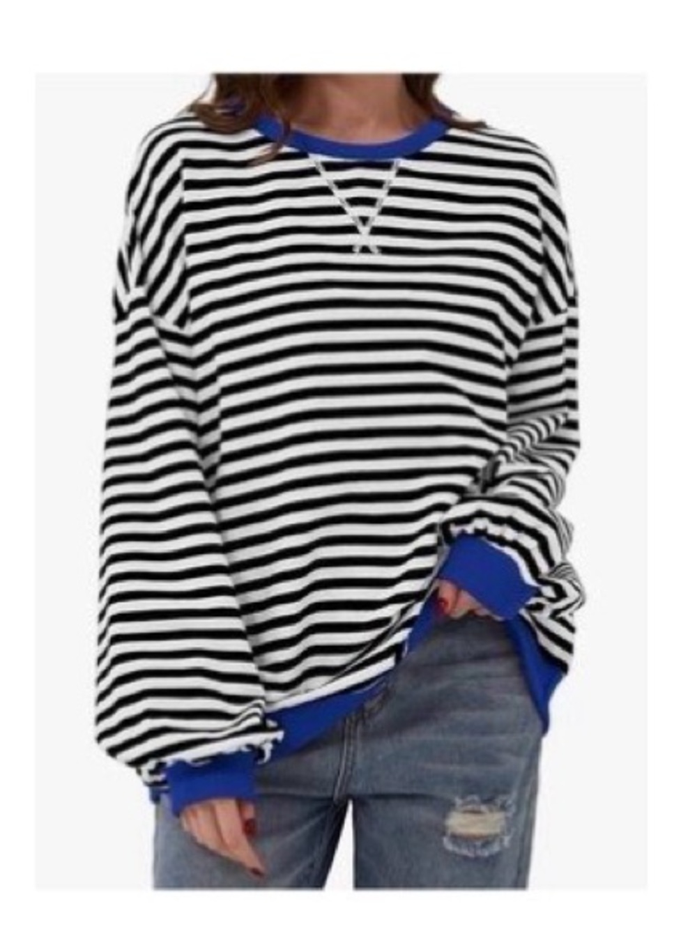 Striped Black & White Crewneck Sweatshirt with Blue Trim